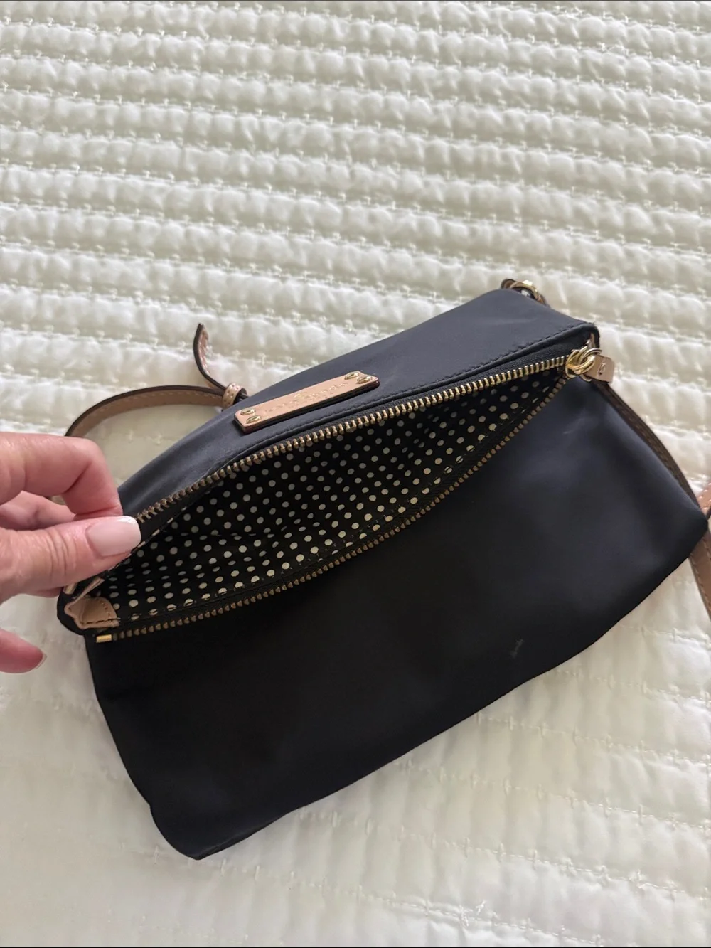 Kate Spade Black Crossbody Bag with Tan Strap and Gold Hardware